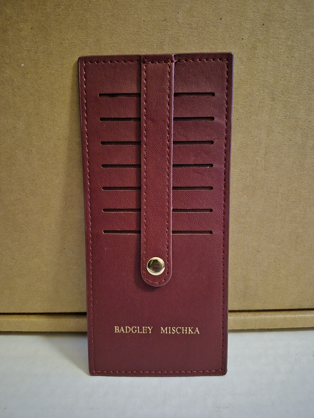 Badgley Mischka Burgundy Leather Card & Key Holder with Gold Snap